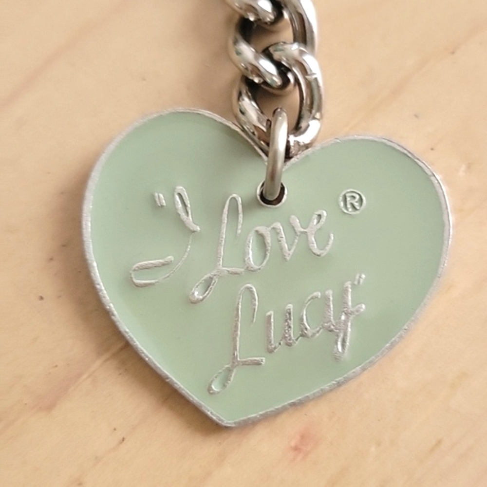 "I Love Lucy" Silver and Green Heart Keychain